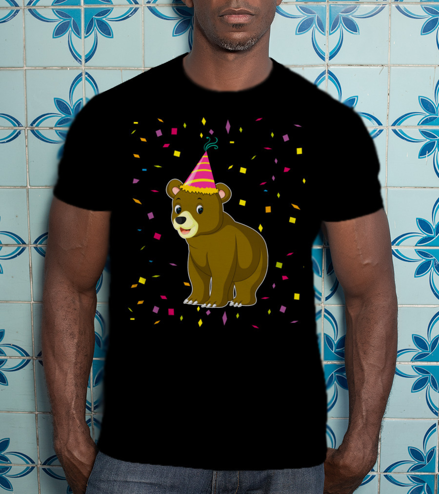 Funny Bear Birthday Party Hat Festive Confetti T-Shirt