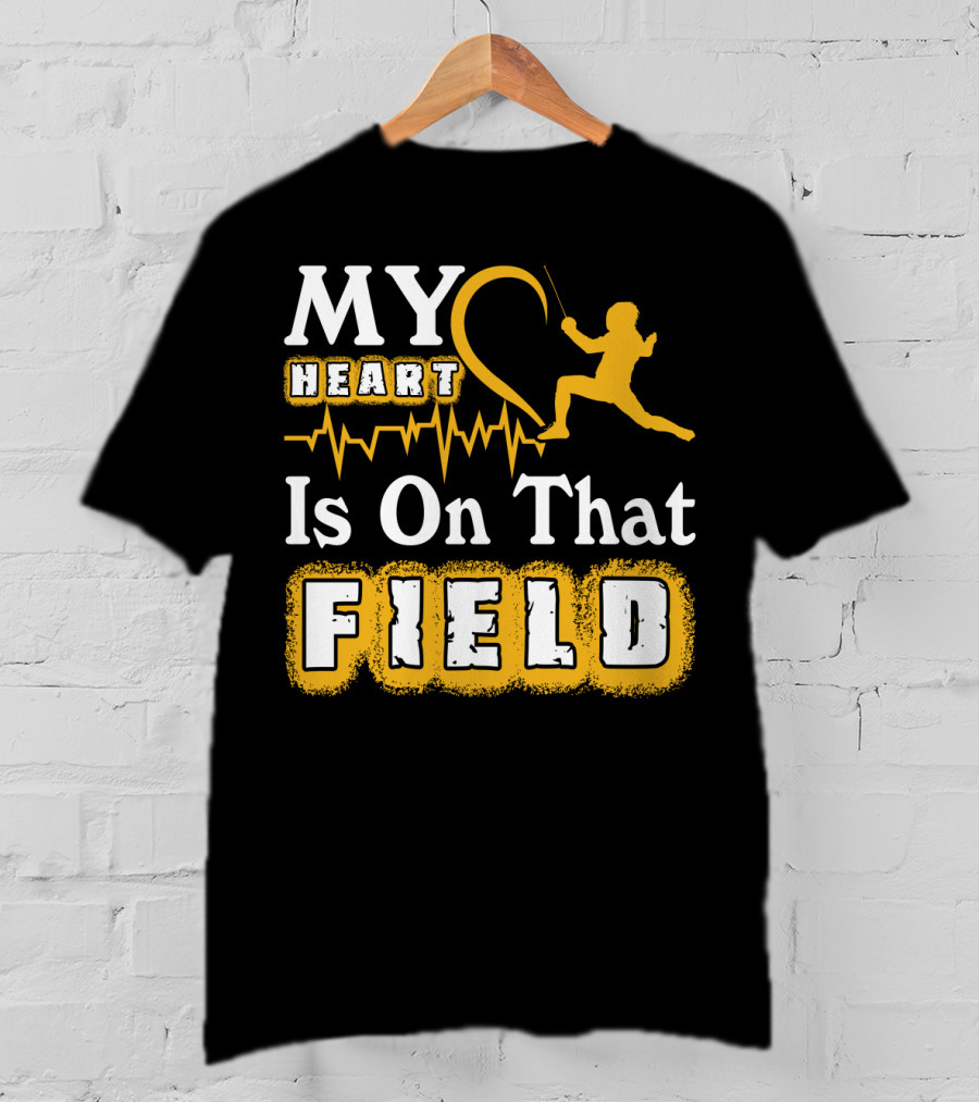 My Heart Is On That Field Fencing Silhouette With Heartbeat Line T-Shirt