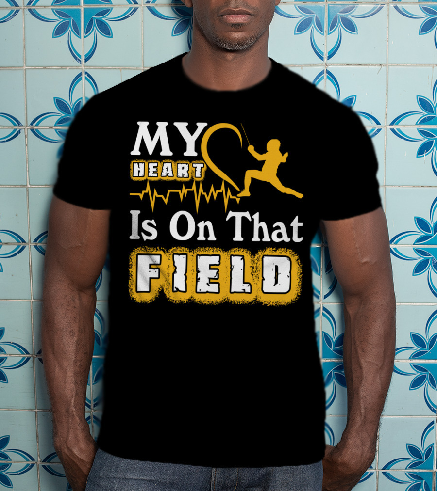My Heart Is On That Field Fencing Silhouette With Heartbeat Line T-Shirt