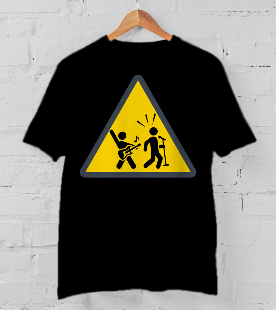 Rock Music Warning Sign Stick Figures Guitar And Microphone T-Shirt