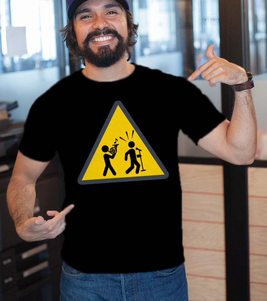 Funny French Horn Caution Sign With Musicians And Microphone T-Shirt