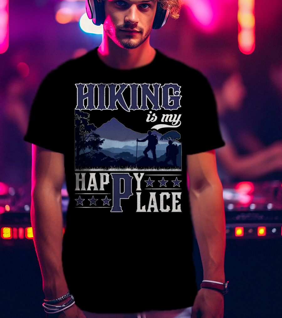 Hiking Is My Happy Place Mountain Silhouette Adventure T-Shirt