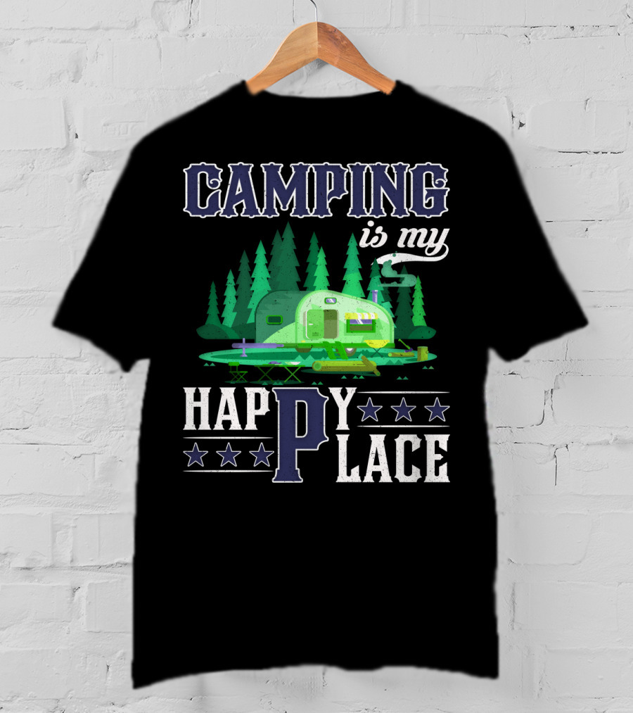Camping Is My Happy Place Camper Forest Scene With Stars T-Shirt