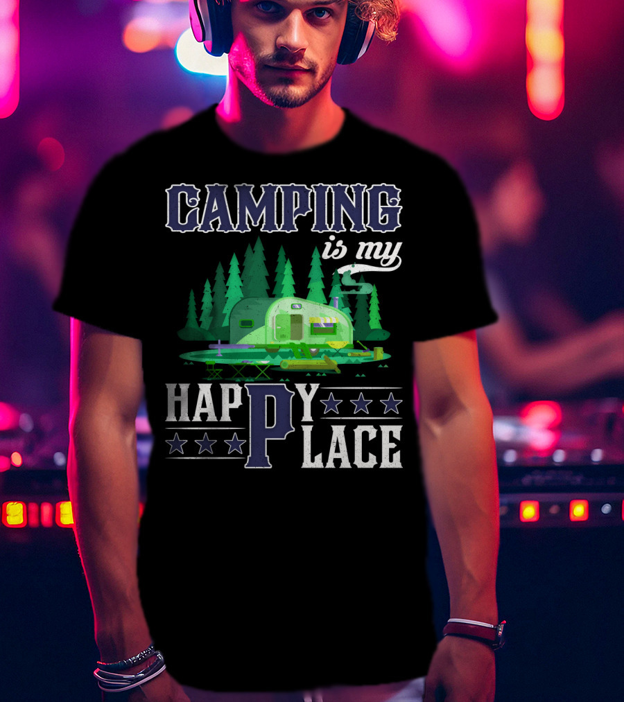 Camping Is My Happy Place Camper Forest Scene With Stars T-Shirt