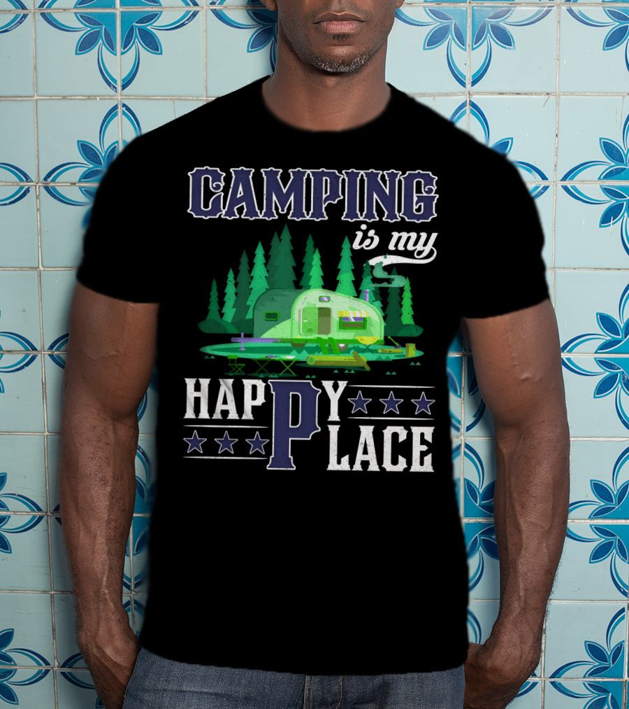 Camping Is My Happy Place Camper Forest Scene With Stars T-Shirt