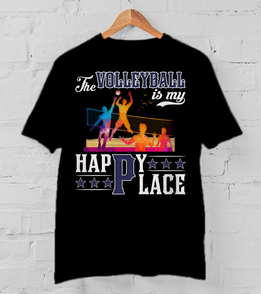 The Volleyball Is My Happy Place Colorful Players Action Scene T-Shirt
