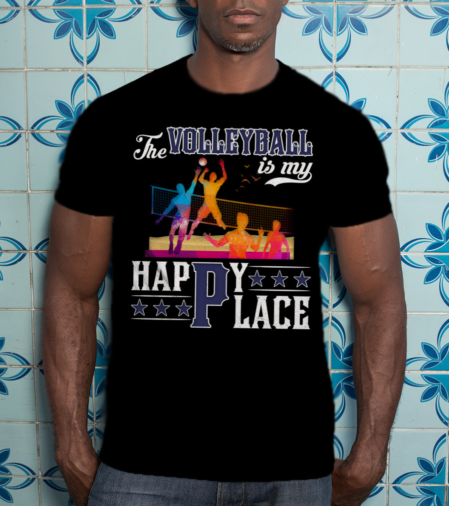The Volleyball Is My Happy Place Colorful Players Action Scene T-Shirt
