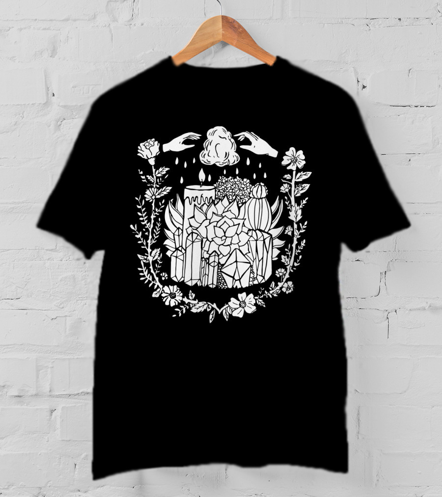 Crystals Succulents Candle Hand Magic Floral Border T-Shirt