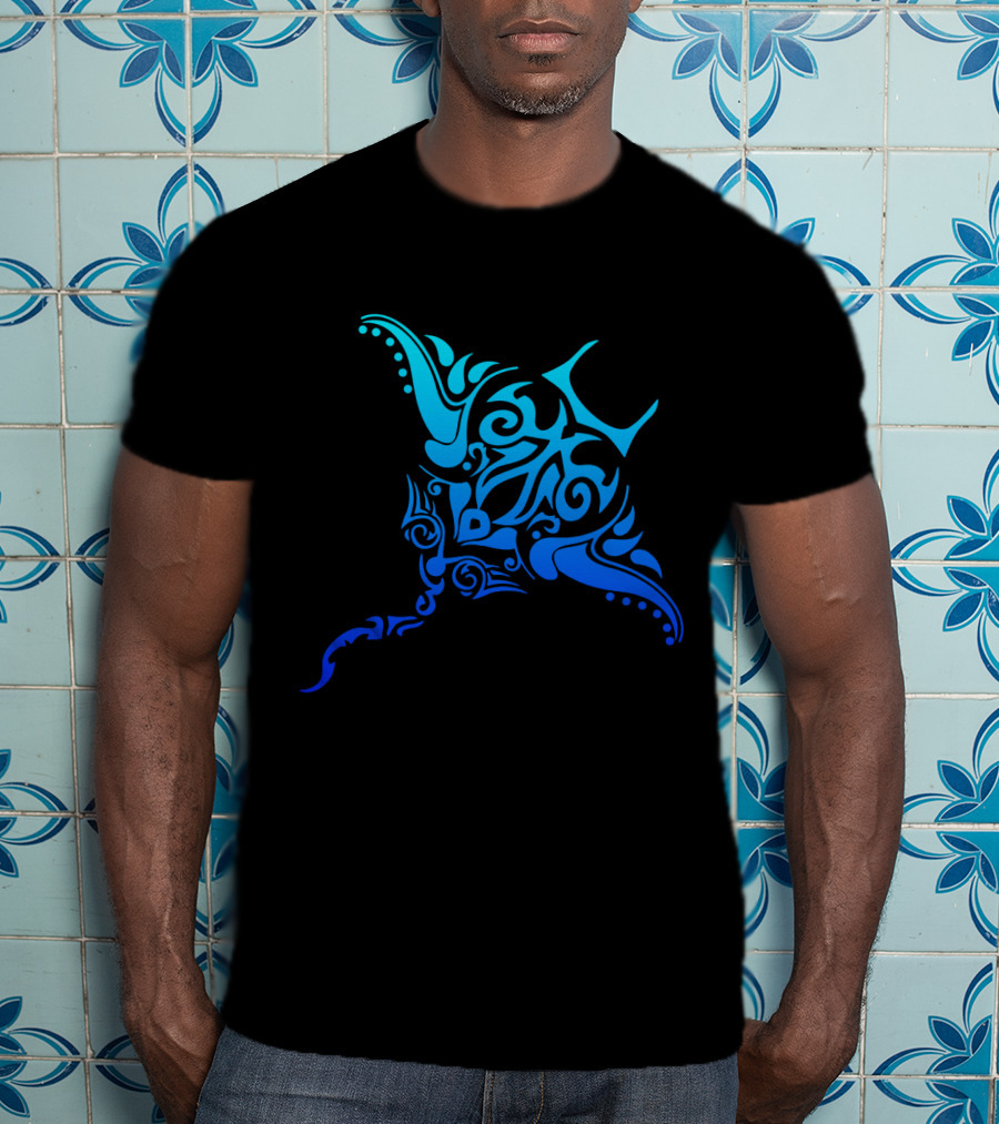 Hawaiian Tribal Stingray Polynesian Tattoo Style Blue T-Shirt