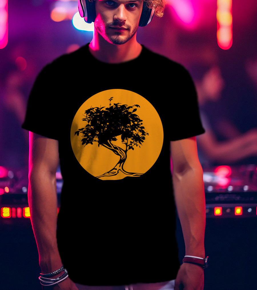 Bonsai Japan Yin Yang Monk Tree Silhouette Circle T-Shirt