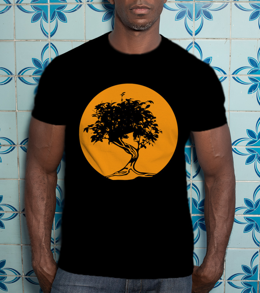 Bonsai Japan Yin Yang Monk Tree Silhouette Circle T-Shirt