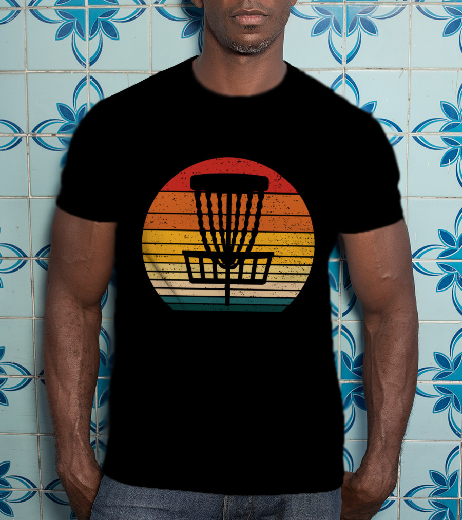 Retro Disc Golf Basket Sunset Stripes T-Shirt