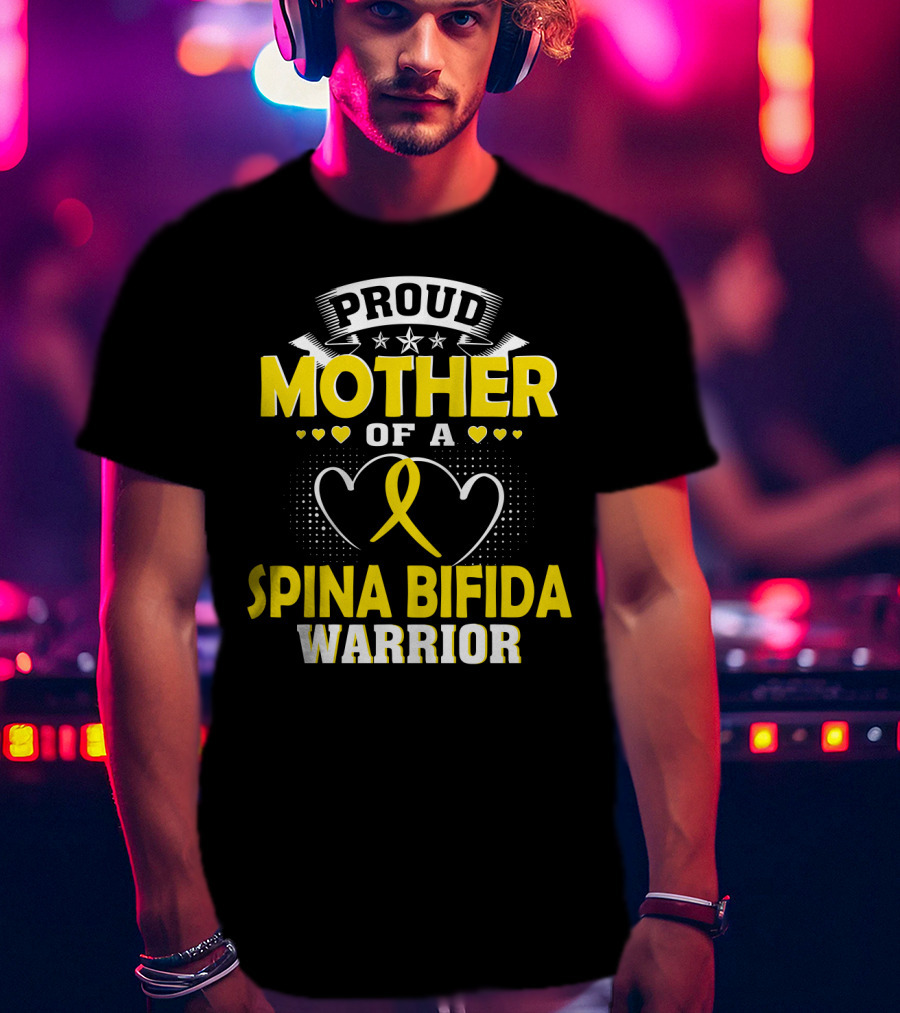 Proud Mother Of A Spina Bifida Warrior Yellow Ribbon Hearts Stars T-Shirt