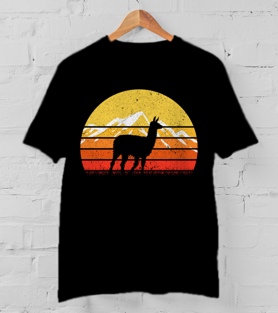 Retro Vintage Alpaca Silhouette Sunset Mountain Scene T-Shirt