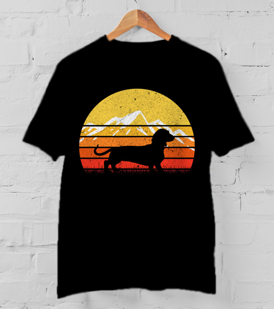 Retro Vintage Dachshund Dog Silhouette Sunset Mountains T-Shirt