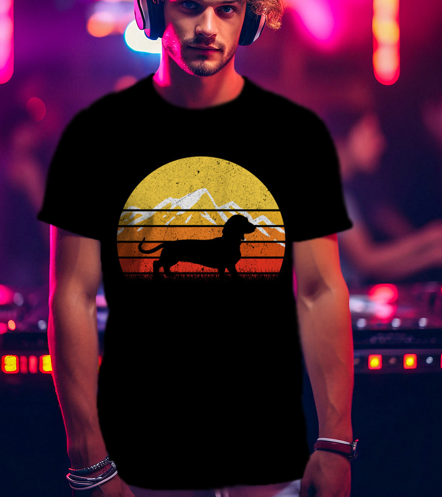 Retro Vintage Dachshund Dog Silhouette Sunset Mountains T-Shirt