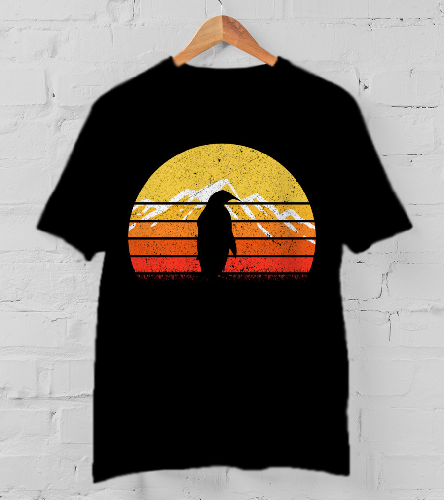 Retro Vintage Penguin Sunset Mountain T-Shirt