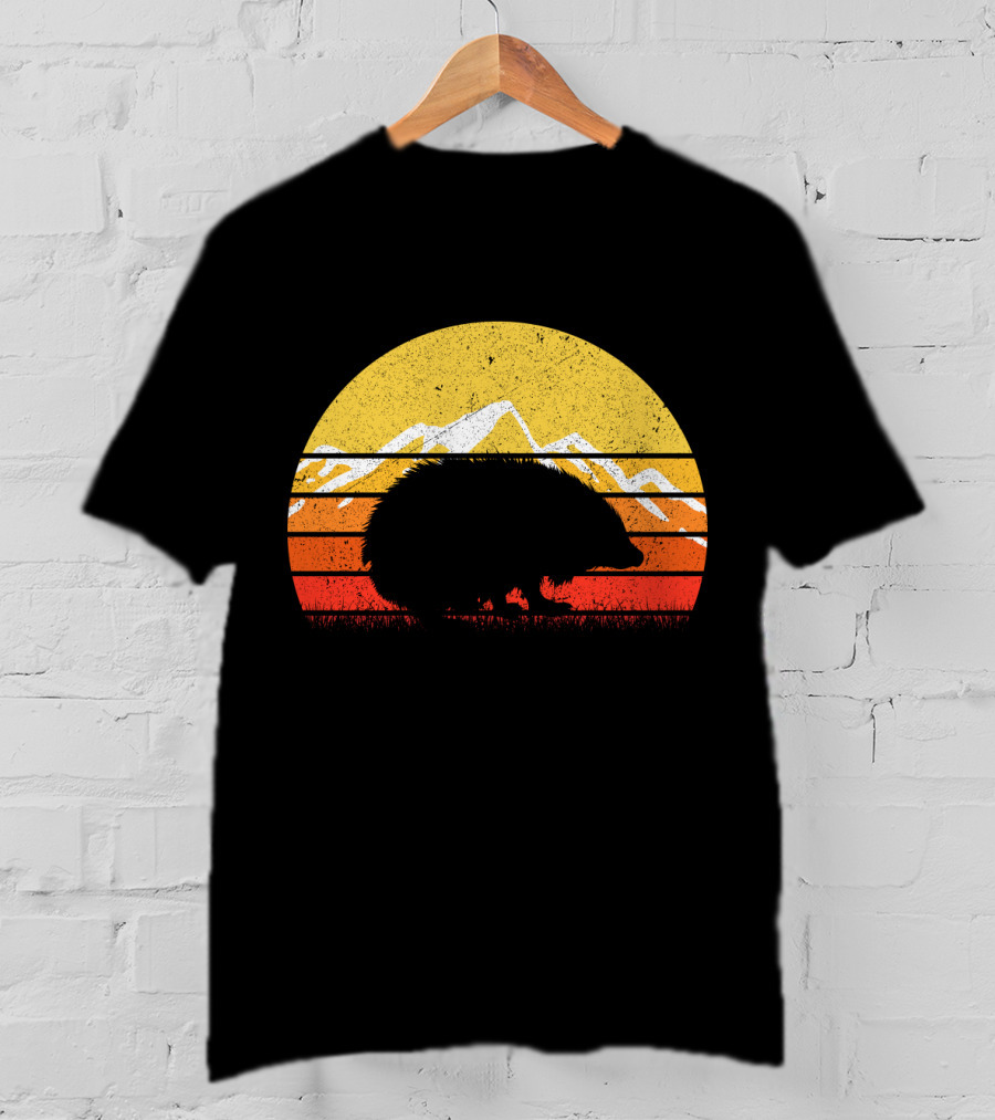 Retro Vintage Hedgehog Silhouette Against Sunset Mountain Stripe Circle T-Shirt