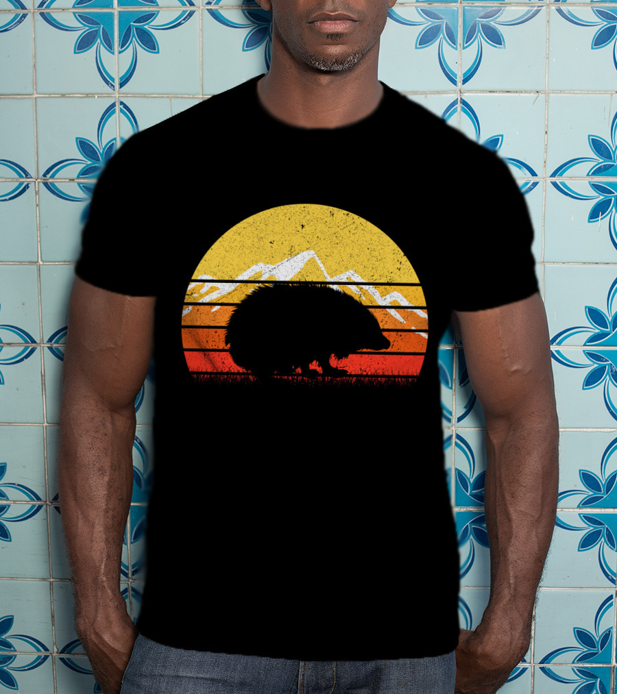 Retro Vintage Hedgehog Silhouette Against Sunset Mountain Stripe Circle T-Shirt