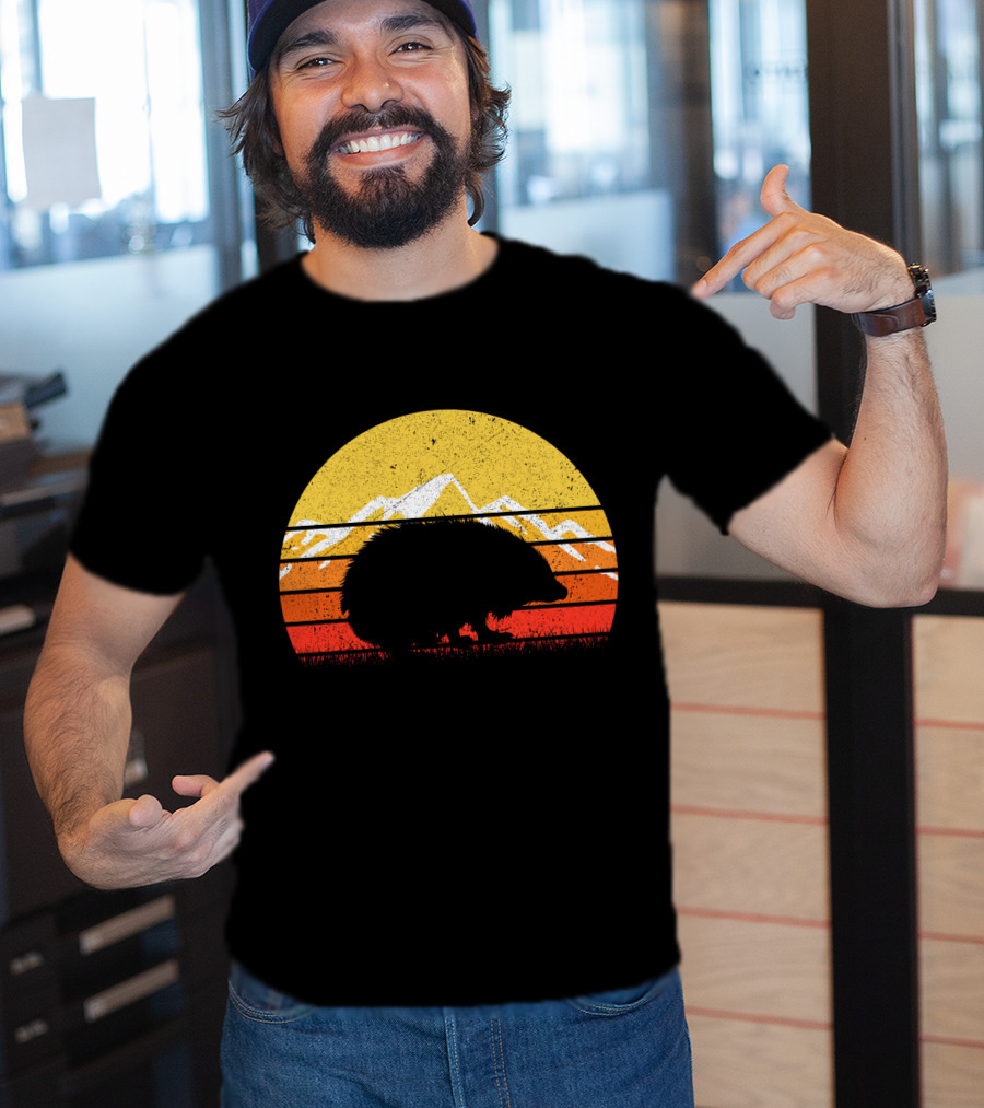 Retro Vintage Hedgehog Silhouette Against Sunset Mountain Stripe Circle T-Shirt