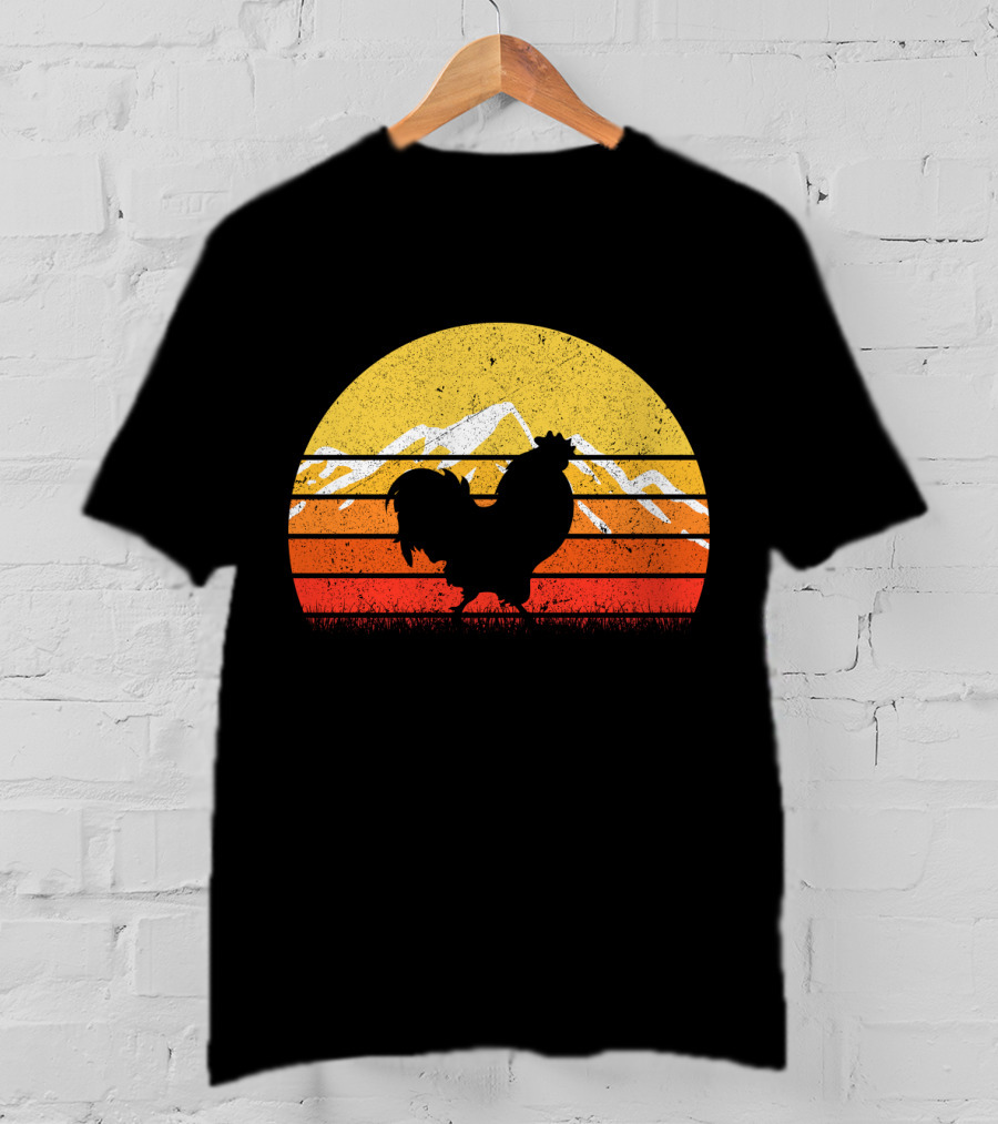 Retro Vintage Chicken Silhouette Sunset With Mountain Background T-Shirt