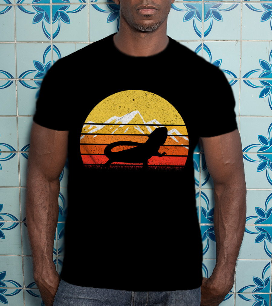 Retro Vintage Bearded Dragon Sunset Silhouette Mountain Stripe T-Shirt