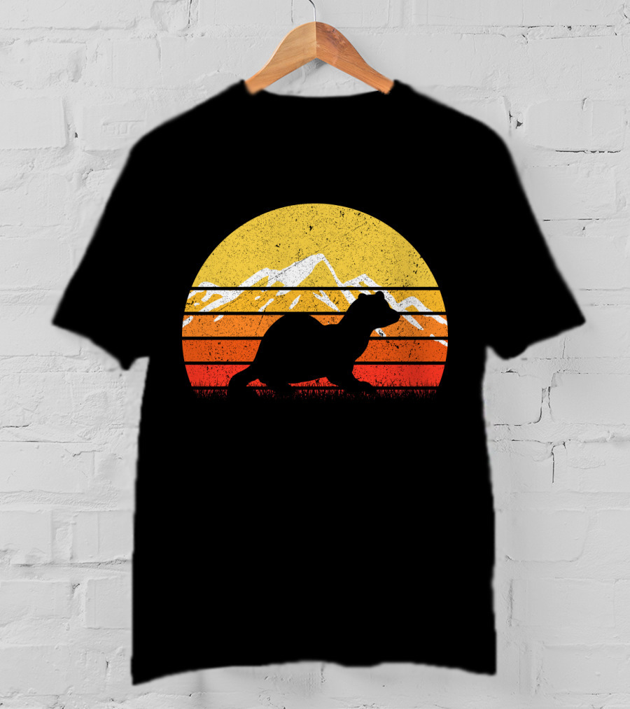 Retro Vintage Ferret Sunset Silhouette Mountain Stripes T-Shirt