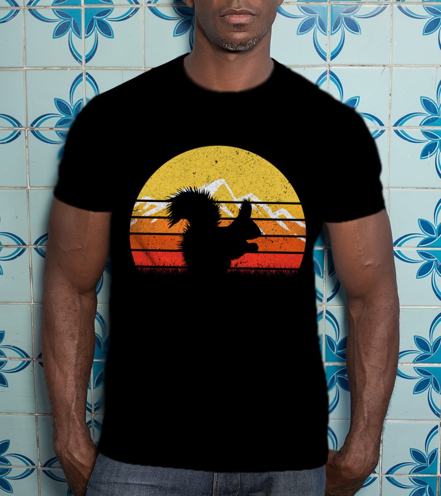 Retro Vintage Squirrel Sunset Silhouette With Mountains T-Shirt