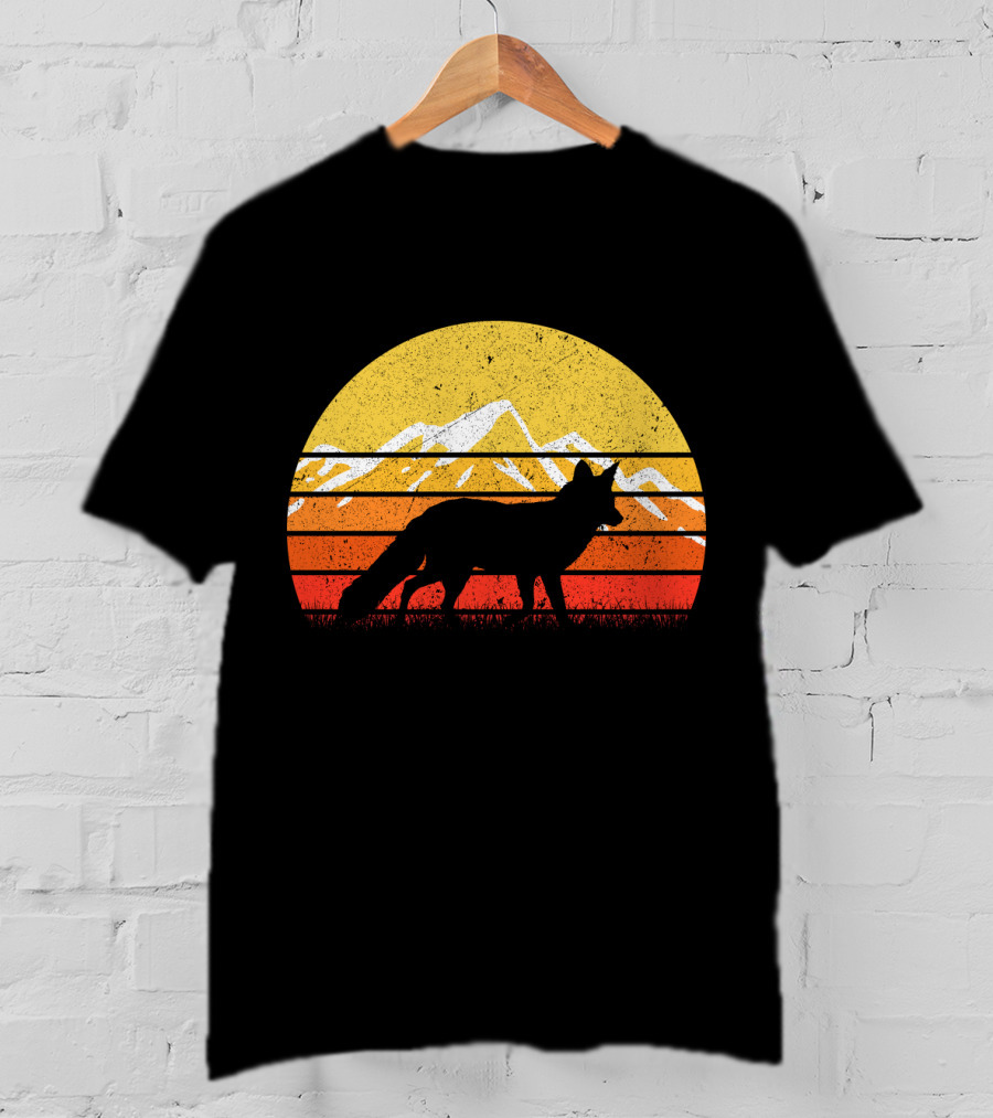 Retro Vintage Fox Silhouette With Mountains And Sunset Stripes T-Shirt