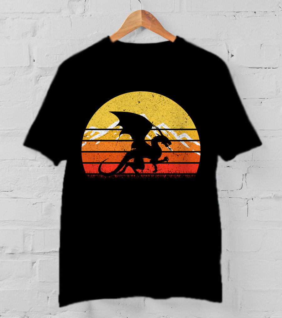 Retro Vintage Dragon With Silhouette And Sunset Mountains T-Shirt