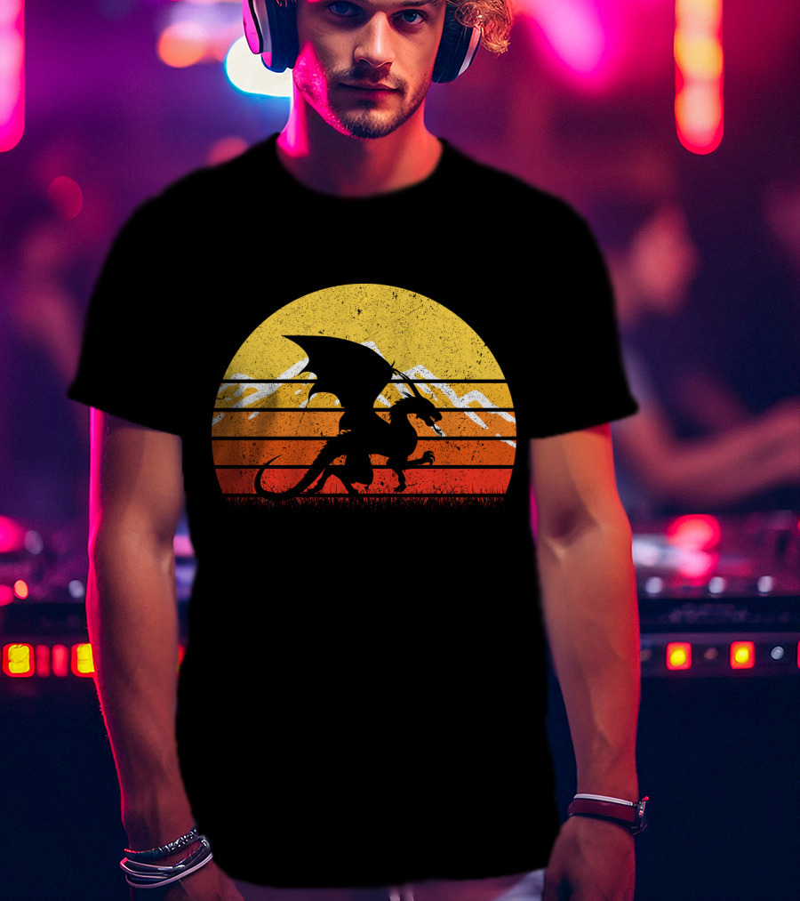 Retro Vintage Dragon With Silhouette And Sunset Mountains T-Shirt