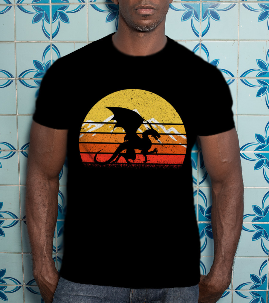 Retro Vintage Dragon With Silhouette And Sunset Mountains T-Shirt