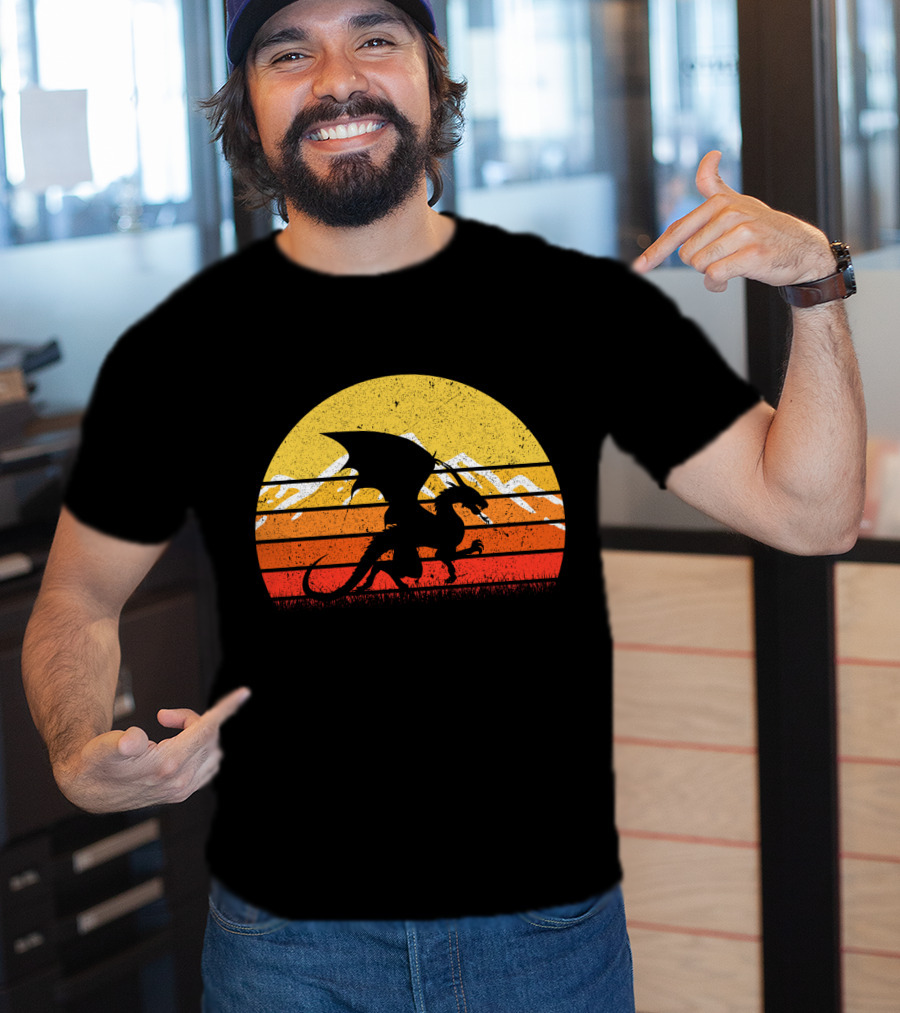 Retro Vintage Dragon With Silhouette And Sunset Mountains T-Shirt