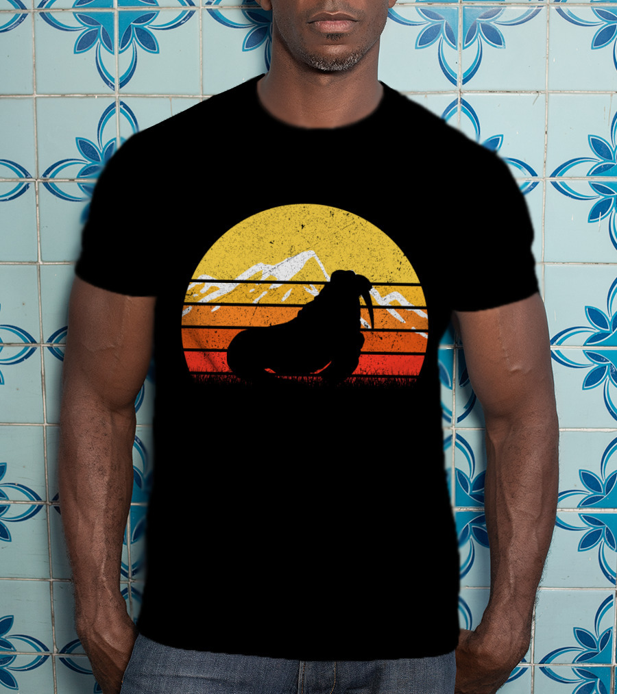 Retro Vintage Walrus Sunset Mountains T-Shirt