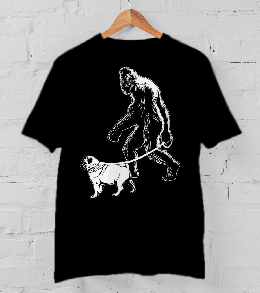 Bigfoot Walking A Pug Dog T-Shirt