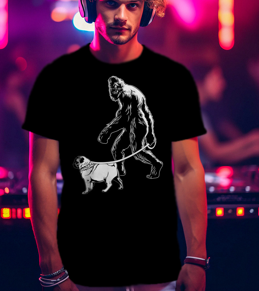 Bigfoot Walking A Pug Dog T-Shirt