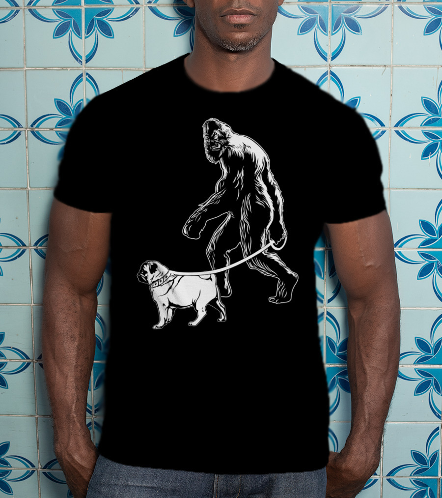 Bigfoot Walking A Pug Dog T-Shirt
