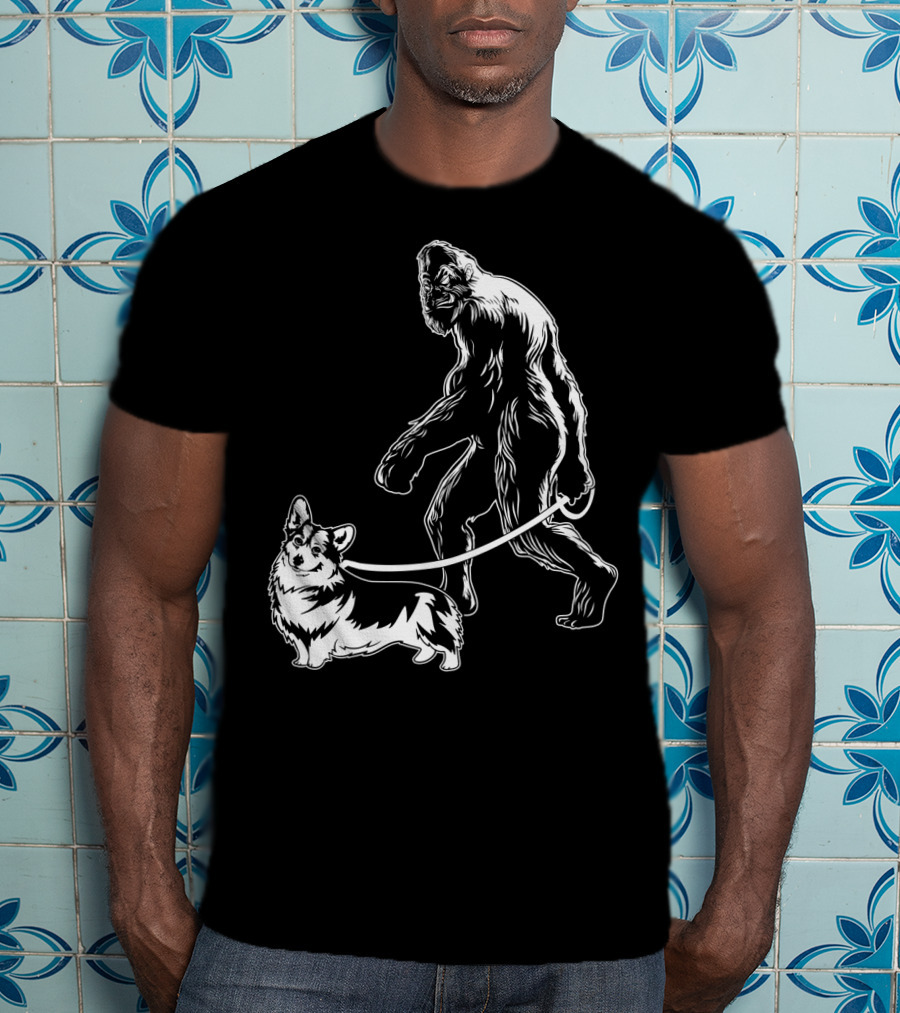 Bigfoot Walking Corgi Dog T-Shirt
