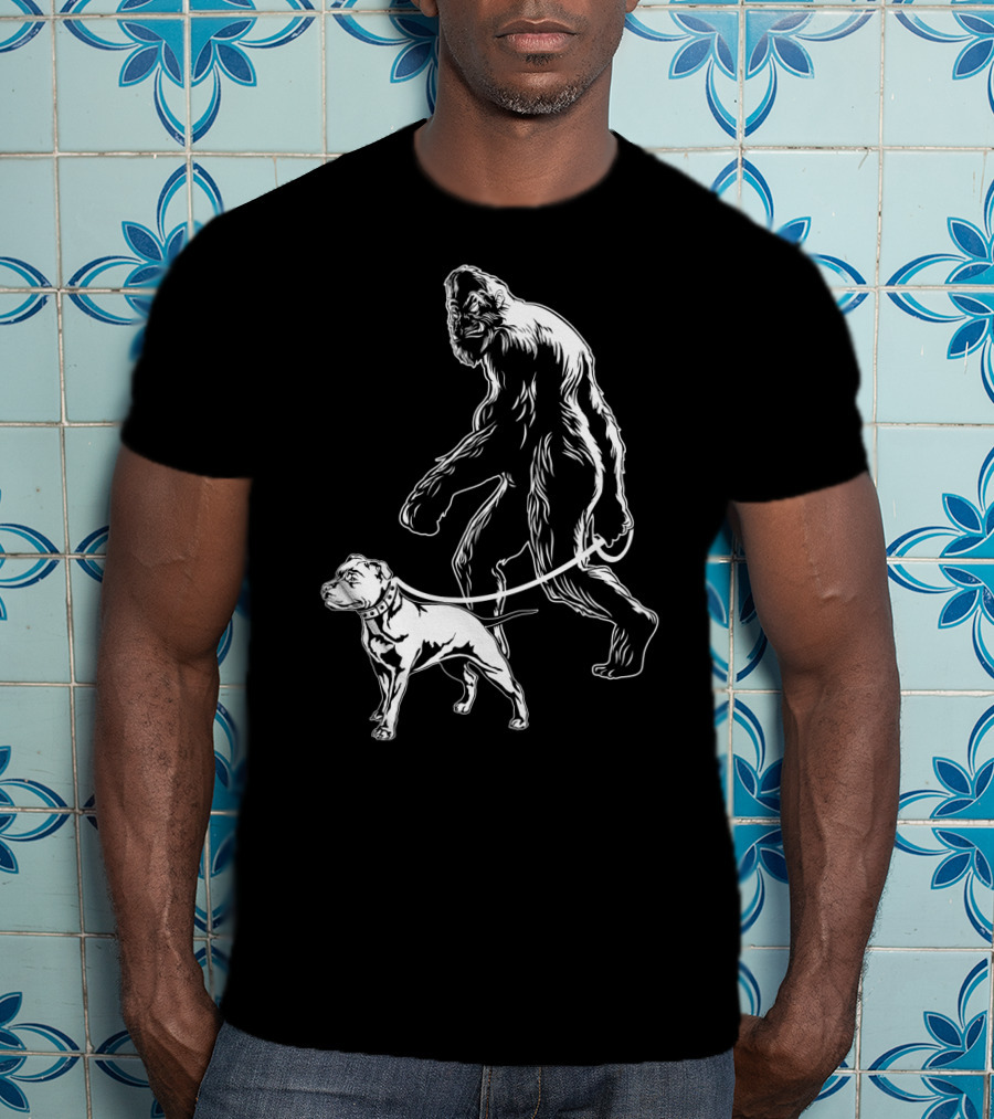 Bigfoot Walking Pitbull T-Shirt