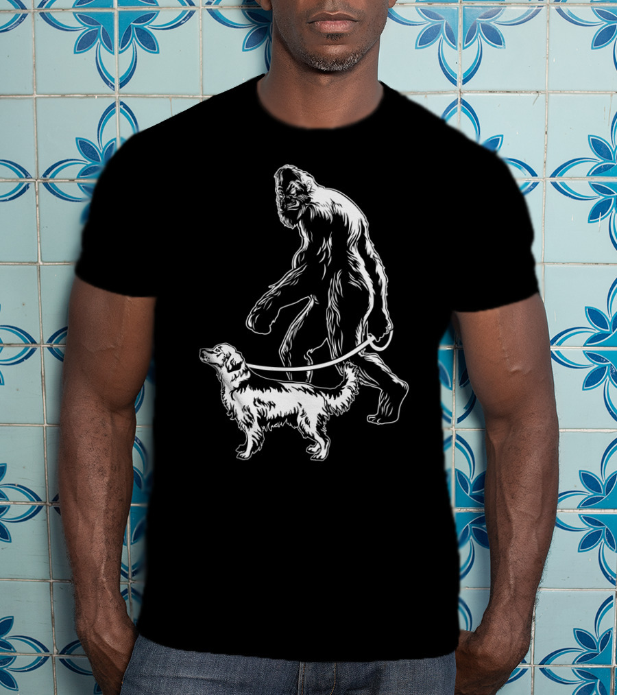 Bigfoot Walking Golden Retriever Dog T-Shirt