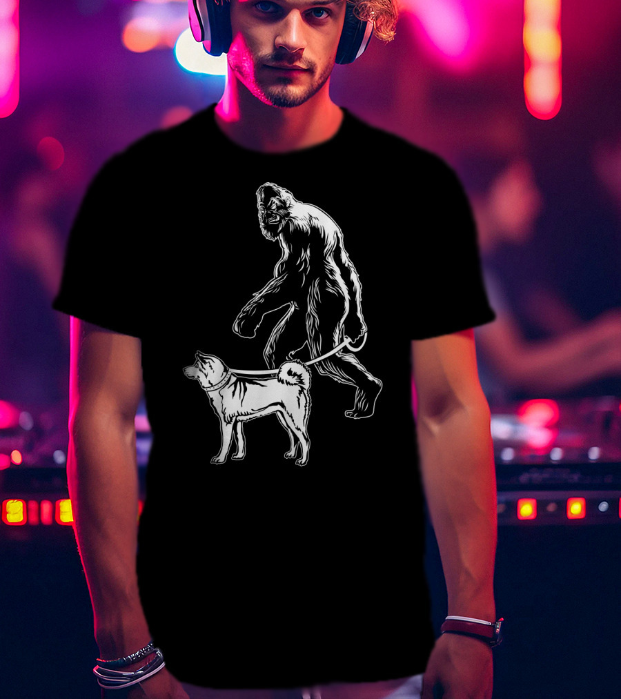 Bigfoot Walking Akita Dog T-Shirt