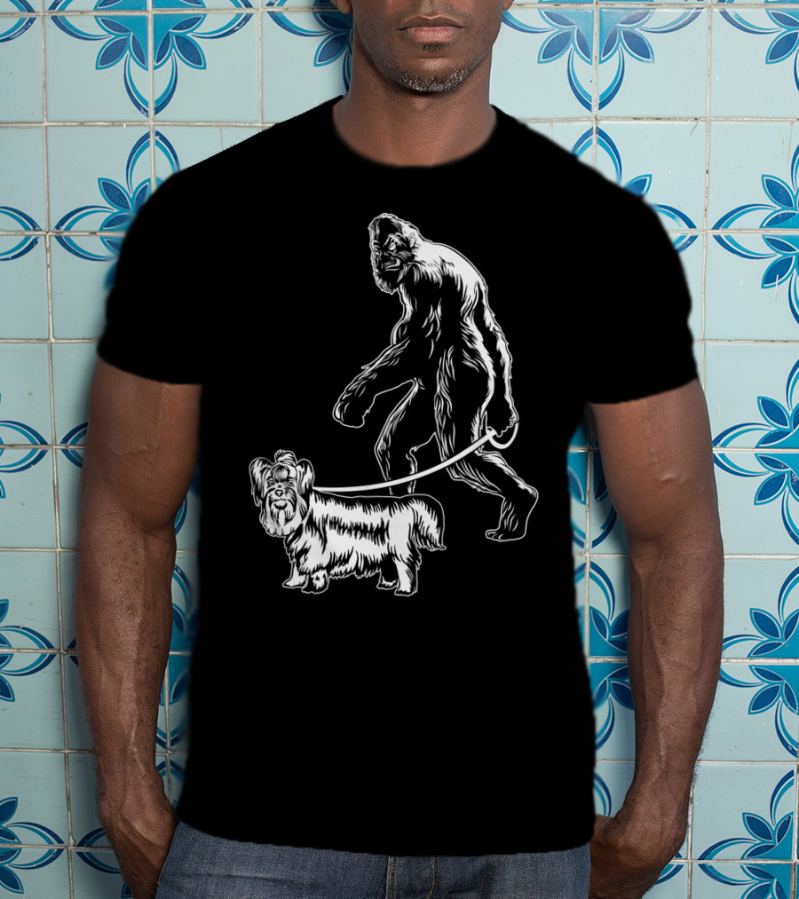 Bigfoot Walking A Yorkie Dog T-Shirt