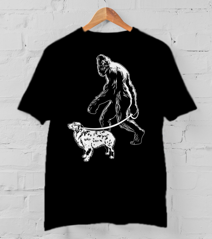 Bigfoot Walking Australian Shepherd Dog T-Shirt