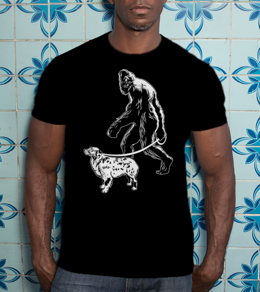 Bigfoot Walking Australian Shepherd Dog T-Shirt