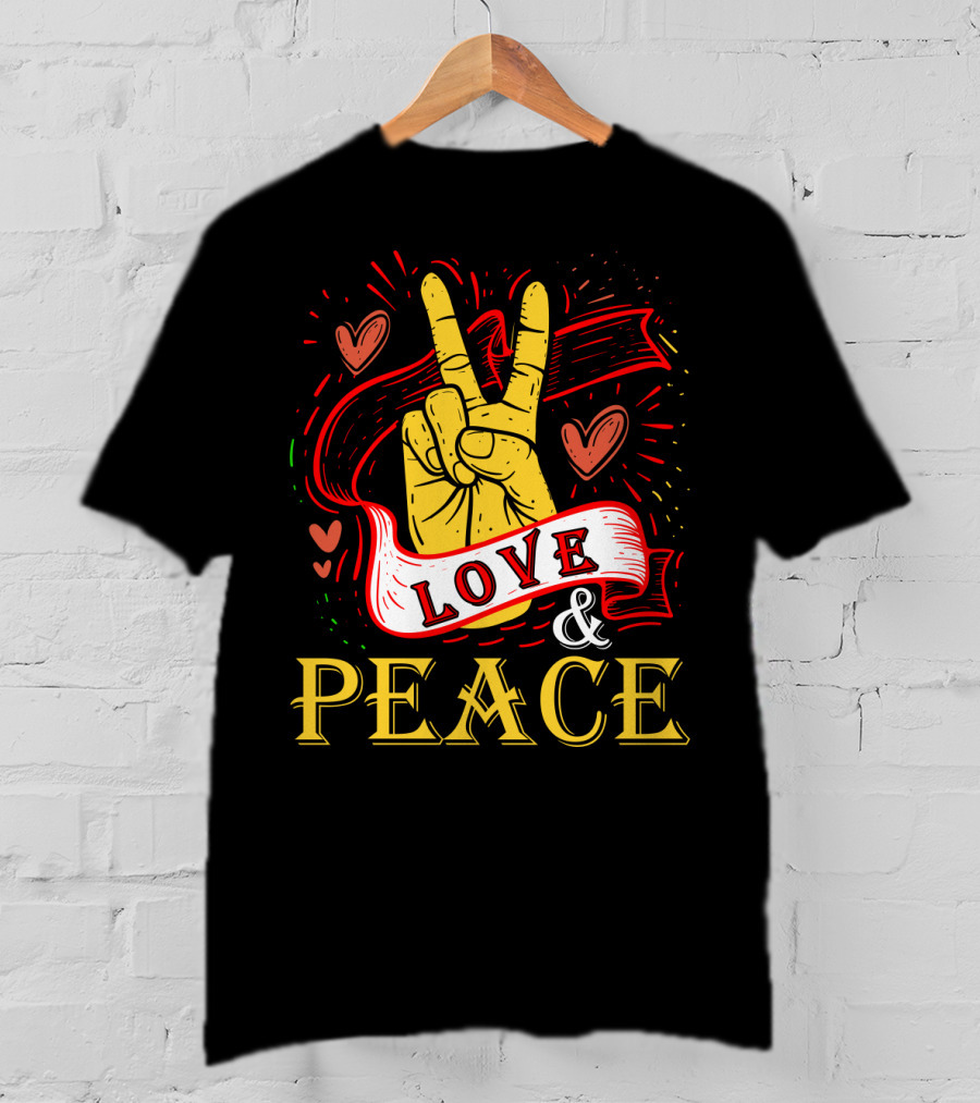 LOVE And PEACE Hand Gesture With Hearts And Banner T-Shirt