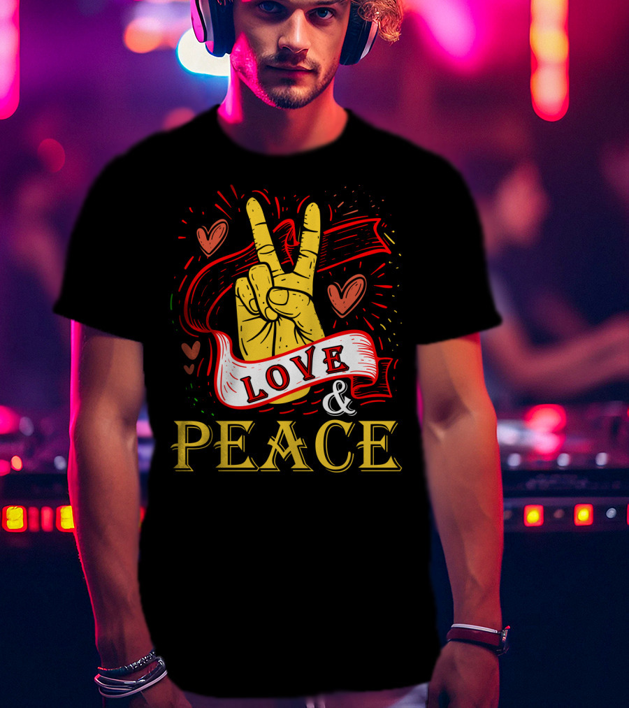 LOVE And PEACE Hand Gesture With Hearts And Banner T-Shirt