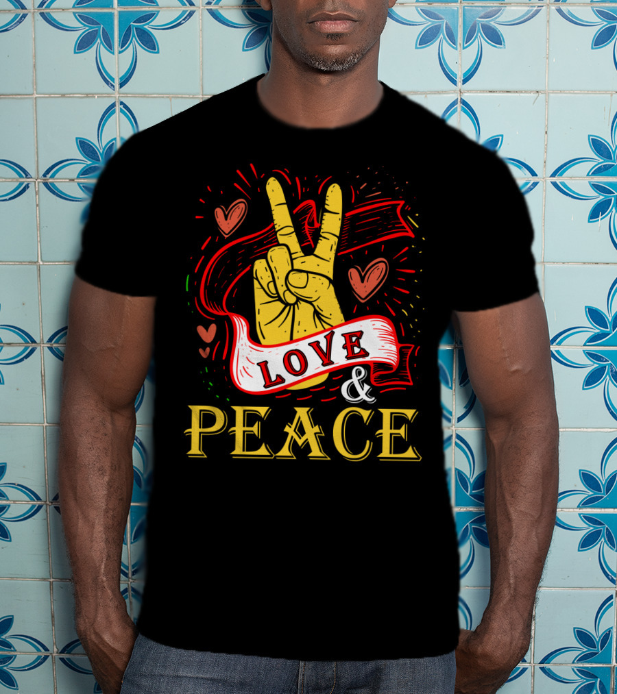 LOVE And PEACE Hand Gesture With Hearts And Banner T-Shirt