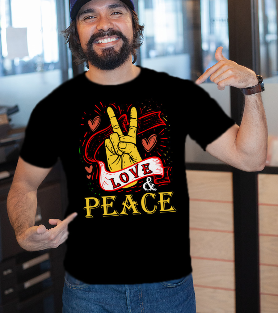 LOVE And PEACE Hand Gesture With Hearts And Banner T-Shirt