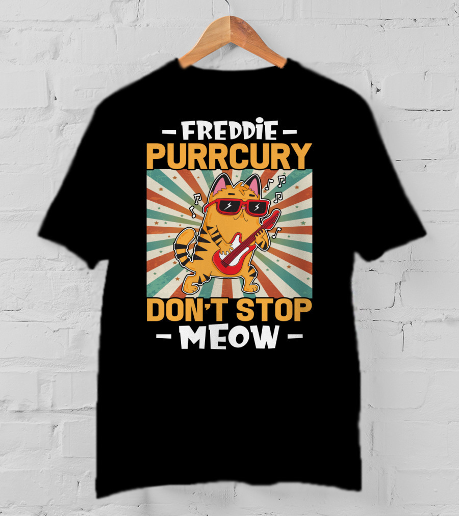 Freddie Purrcury Don't Stop Meow Cat With Guitar Retro Music Vibes T-Shirt