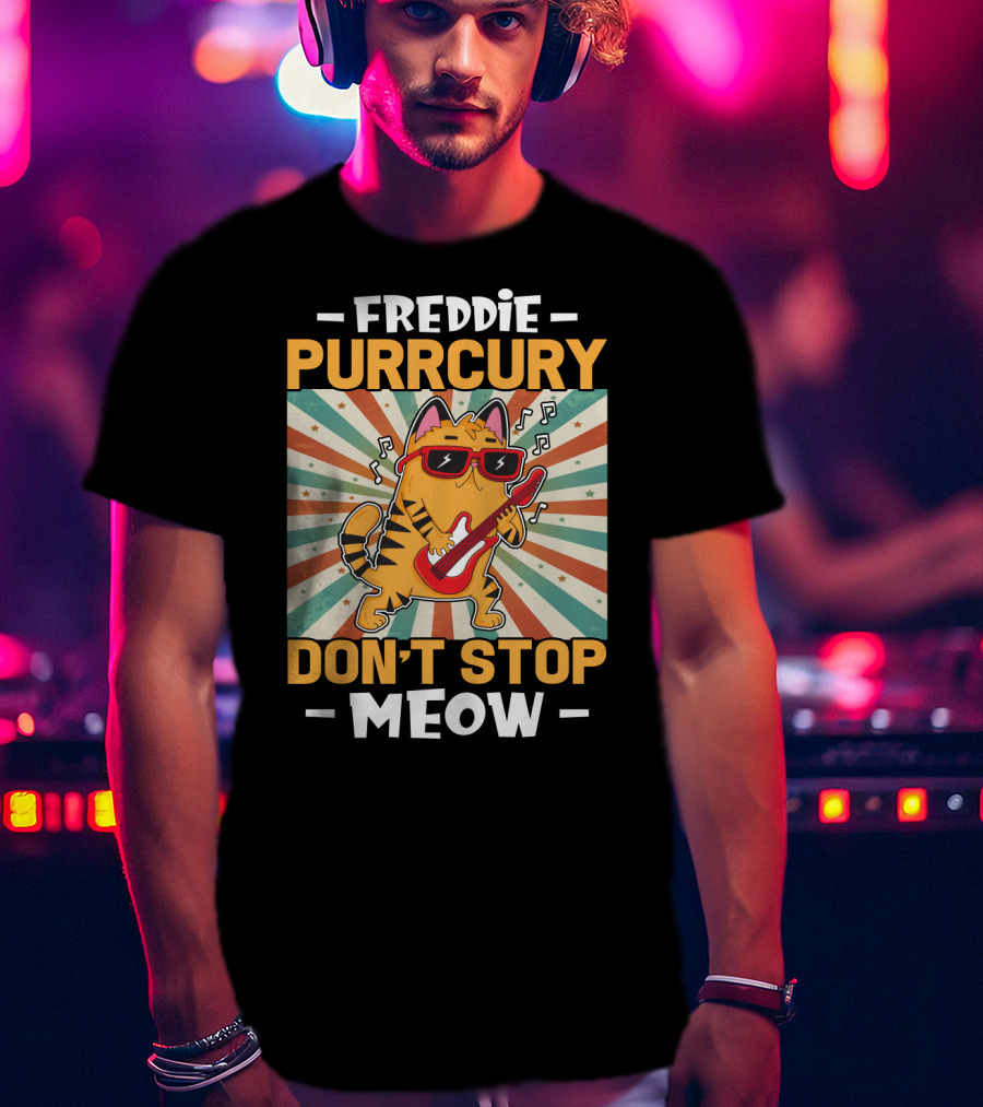 Freddie Purrcury Don't Stop Meow Cat With Guitar Retro Music Vibes T-Shirt